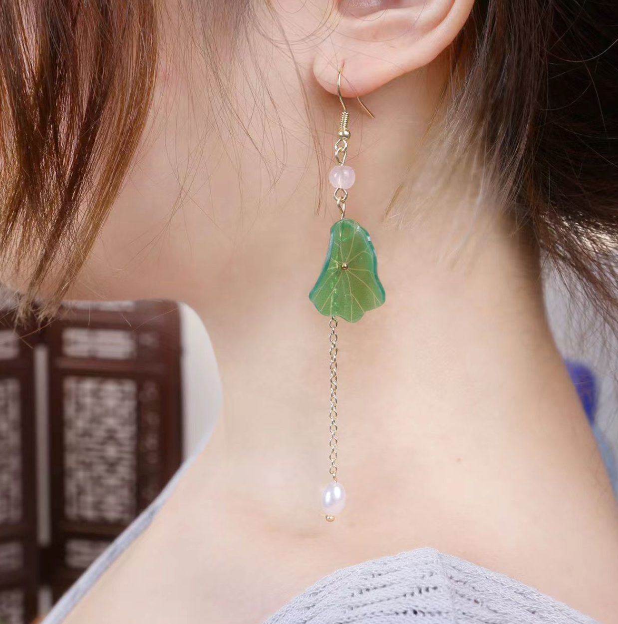 【ピアス/イヤリング】蓮花×葉×アシンメトリー