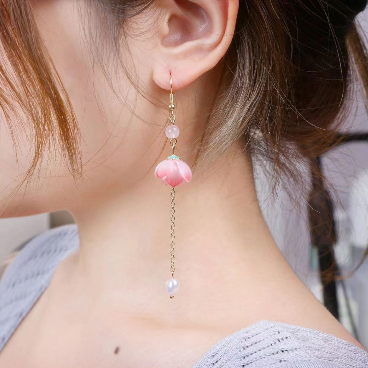 【ピアス/イヤリング】蓮花×葉×アシンメトリー