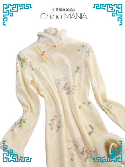 【旗袍】クリーム×蝶と花【秋冬新作】