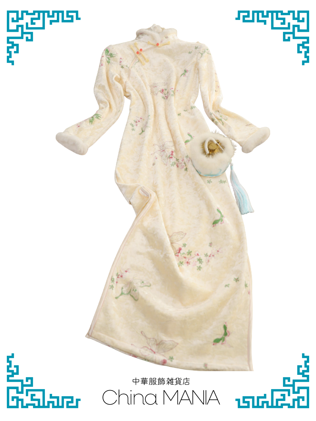 【旗袍】クリーム×蝶と花【秋冬新作】