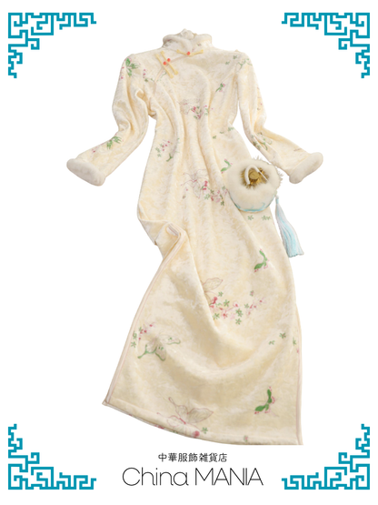 【旗袍】クリーム×蝶と花【秋冬新作】