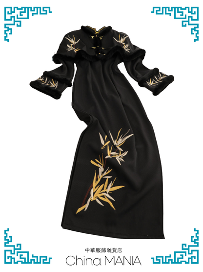 【旗袍】黒×笹×ケープ付き【秋冬新作】