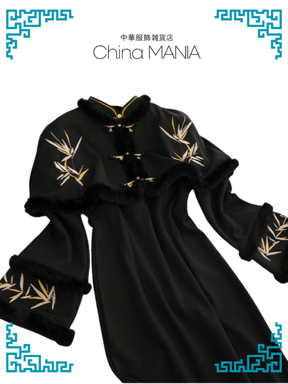 【旗袍】黒×笹×ケープ付き【秋冬新作】