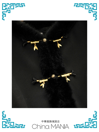 【旗袍】黒×笹×ケープ付き【秋冬新作】