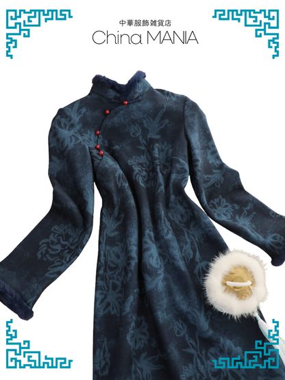 【旗袍】紺×花【秋冬新作】