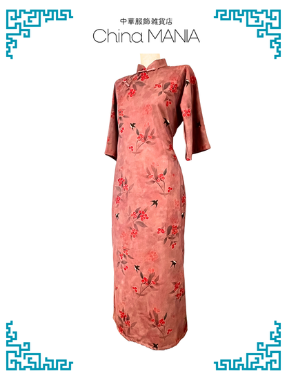 【旗袍】紅×鳥×赤い実【秋冬新作】