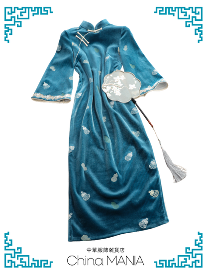 【旗袍】青×ひょうたん×七分袖【秋冬新作】