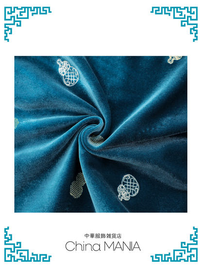 【旗袍】青×ひょうたん×七分袖【秋冬新作】