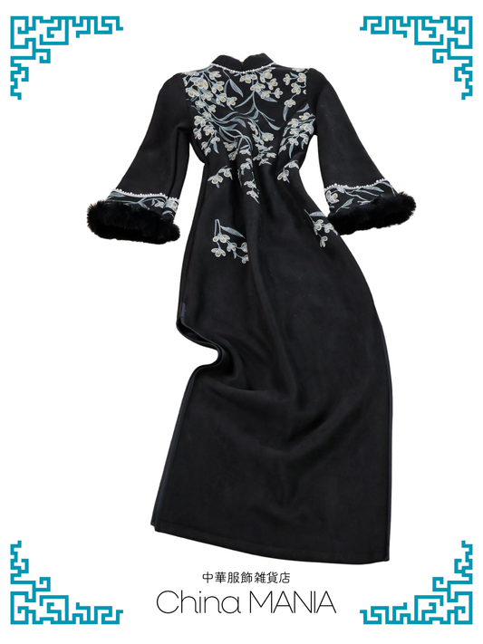 【旗袍】黒×花×長袖【秋冬新作】