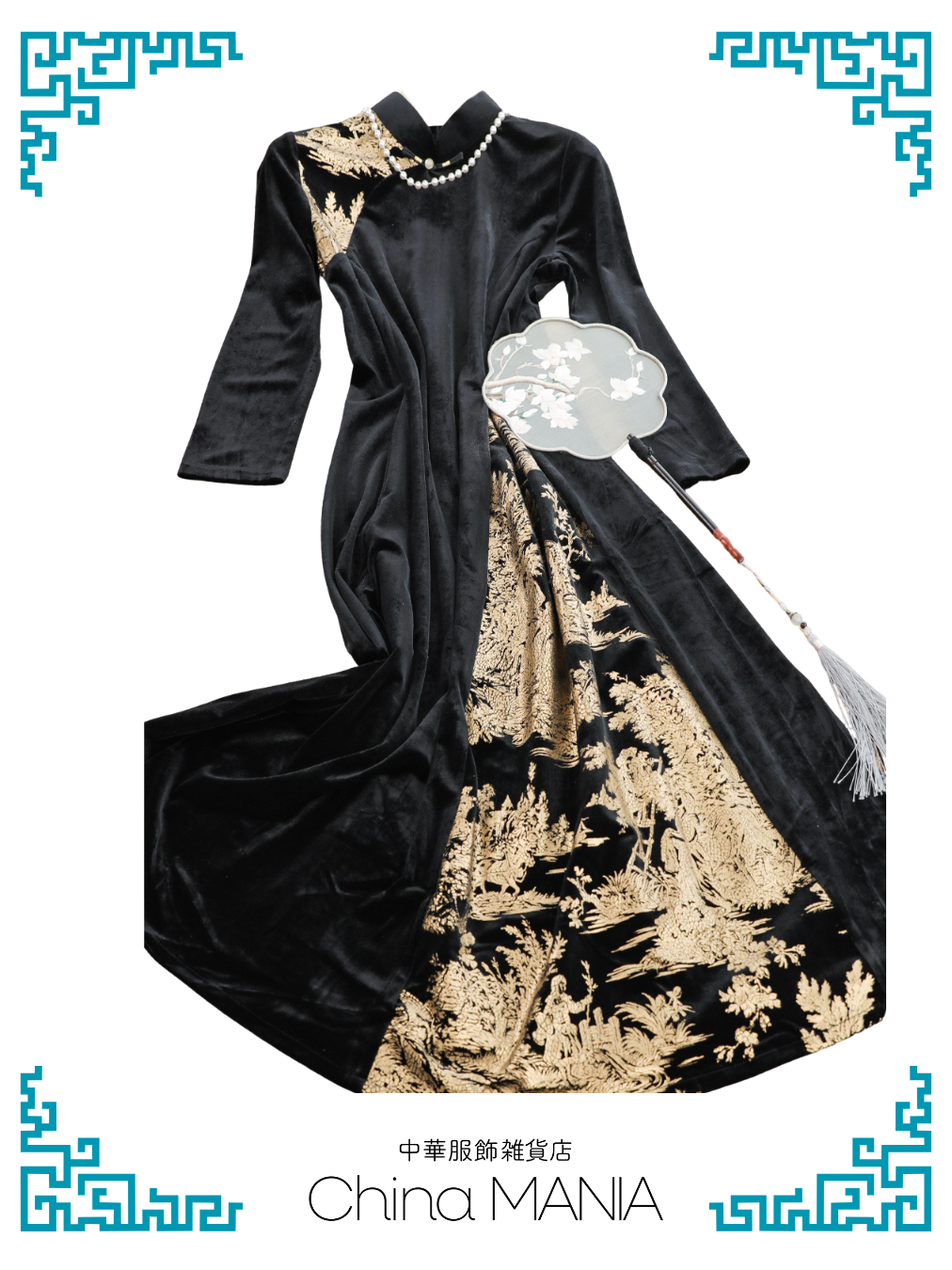 【旗袍ワンピ】黒×金×ワンピース【秋冬新作】