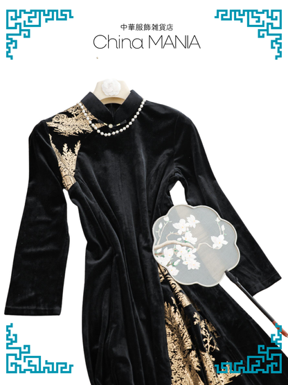 【旗袍ワンピ】黒×金×ワンピース【秋冬新作】