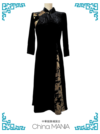 【旗袍ワンピ】黒×金×ワンピース【秋冬新作】