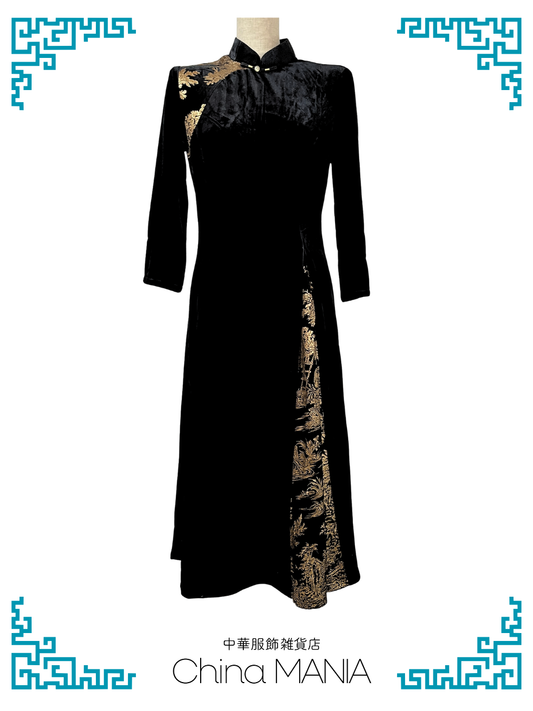 【旗袍ワンピ】黒×金×ワンピース【秋冬新作】