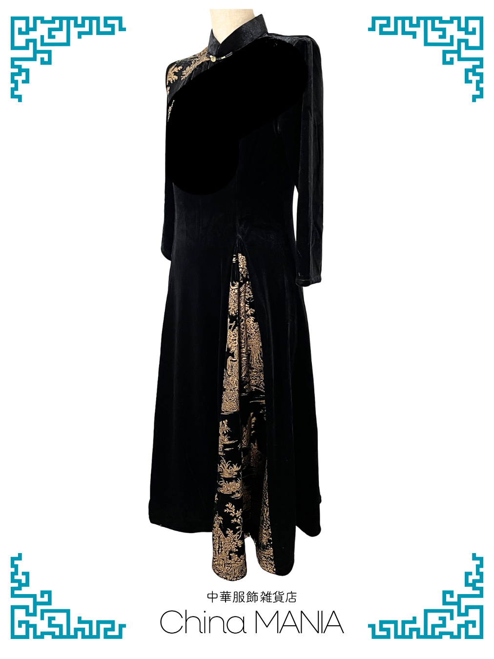 【旗袍ワンピ】黒×金×ワンピース【秋冬新作】