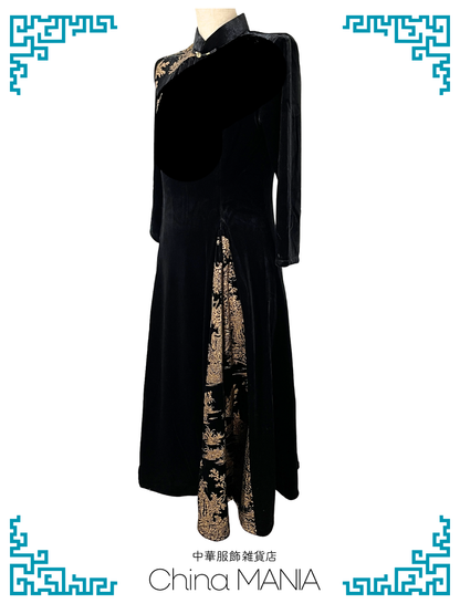 【旗袍ワンピ】黒×金×ワンピース【秋冬新作】