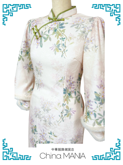 【旗袍】アイボリー×花×長袖【秋冬新作】
