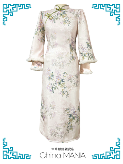 【旗袍】アイボリー×花×長袖【秋冬新作】