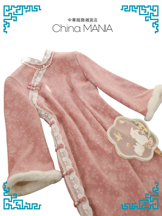 【旗袍】ピンク×花×レース【秋冬新作】