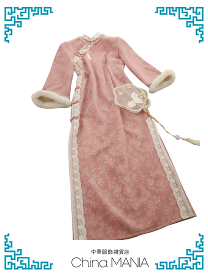 【旗袍】ピンク×花×レース【秋冬新作】