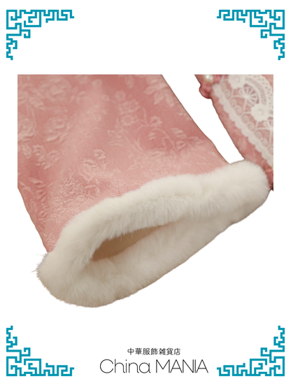 【旗袍】ピンク×花×レース【秋冬新作】