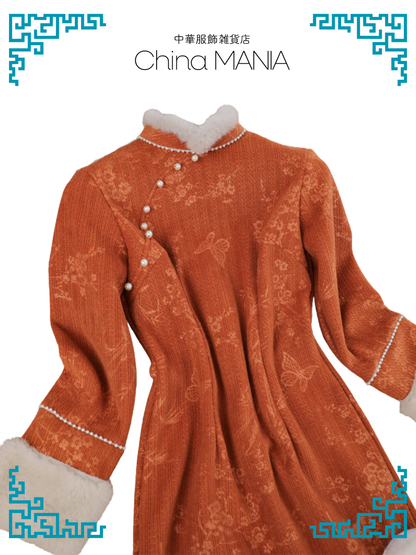 【旗袍】橙×蝶と小花【秋冬新作】