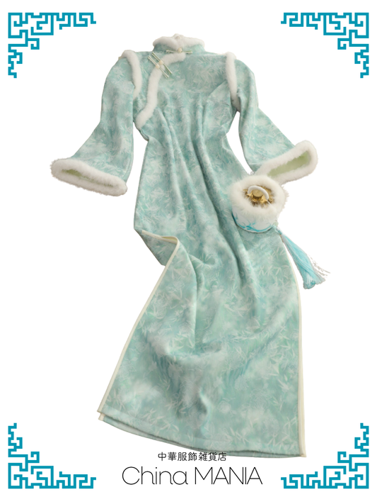 【旗袍】 水色×花【秋冬新作】
