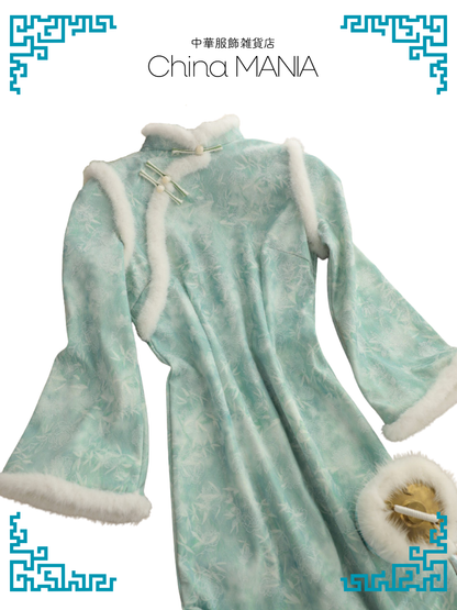 【旗袍】 水色×花【秋冬新作】