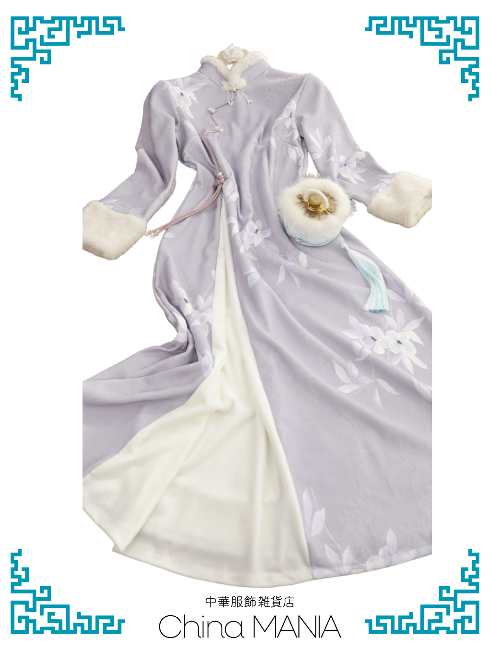 【旗袍ワンピ】紫×花×ワンピース【秋冬新作】