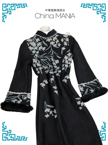 【旗袍】黒×花×長袖【秋冬新作】