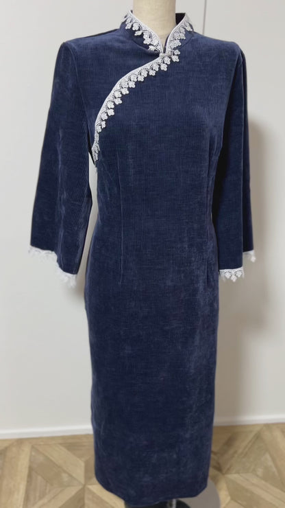 【旗袍】紺×長袖【秋冬新作】